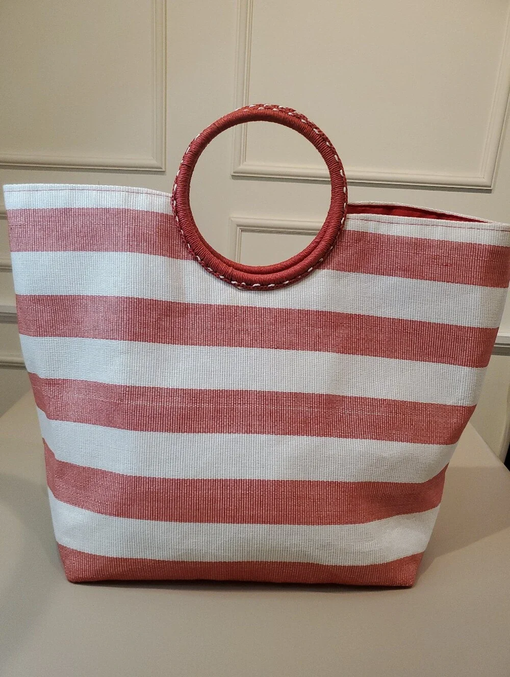 Red & White Striped Beach Tote Bag Hoop Handle Summer Canvas